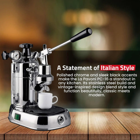 Top Tier Lever Espresso Machine With 38 Ounce Solid Brass Boiler And Dual Frothing System Chrome Finish For Legit Barista Level Pulls Built Tough Made In Italy on wooden surface.