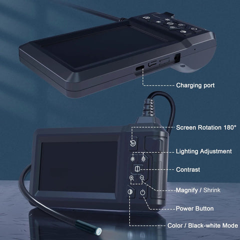 Borescope Endoscope With 4.3 Inch Color Screen And 1080P HD Camera, 8 LED Lights, 16.5 Foot SemiRigid Cord, IP67 Waterproof Sewer Inspection Tool For Home And Pros. Screen and controls shown.