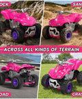 Pink Rad All Terrain RC Car For Girls 2.4GHz Remote Control Off Road Toy Vehicle driving on rock, sand, road, and grass