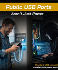 Man charging phone at a public USB charging station, highlighting data risks, Lock Down Your Data With This USB C Data Blocker Adapter Stops Juice Jacking Cold Fast Charge Only Mode Pocket Travel Essential Secure Your Phone Daily Black 2 Pack.