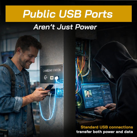 Man charging phone at a public USB charging station, highlighting data risks, Lock Down Your Data With This USB C Data Blocker Adapter Stops Juice Jacking Cold Fast Charge Only Mode Pocket Travel Essential Secure Your Phone Daily Black 2 Pack.
