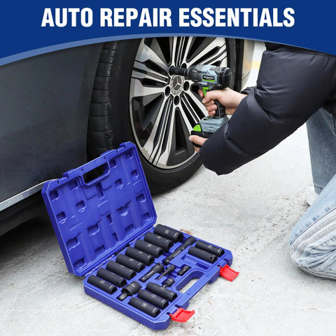 Beefy Half Inch Drive Deep Impact Socket Set in use on car wheel, open case showing 6-Point Cr-V Steel Metric 10mm To 27mm sockets