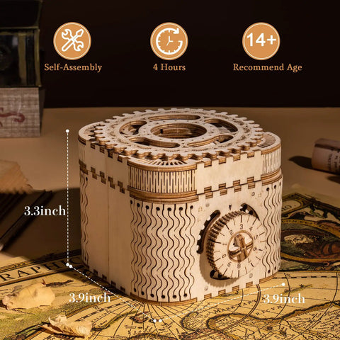 3D Wooden Gear Puzzle Box For Adults And Teens 14 And Up, Laser Cut Mechanical Model Kit Treasure Box With 158 Pieces, 3.9x3.9x3.3 inch wooden desk decor