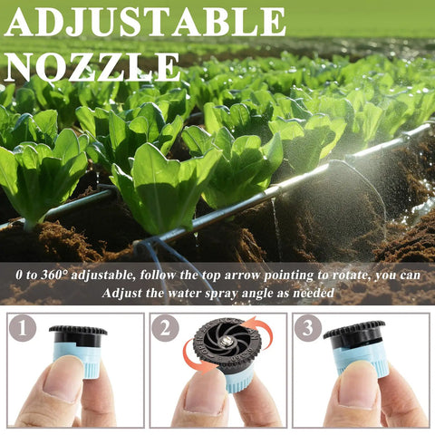 16 Pack Adjustable Variable Arc Pop Up Sprinkler Heads With Premium Replacement Nozzles For No Sweat Lawn Care and Yard Maintenance Featuring Straight Shot Accuracy and Top Shelf Performance For Quick Setup On Any Property, adjustable nozzle close-up among green plants.