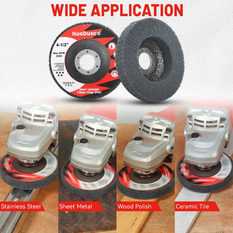 10 Pack 320 And 600 Grit Scour Flap Discs For 4.5 Inch Angle Grinder shown on metal and wood surfaces