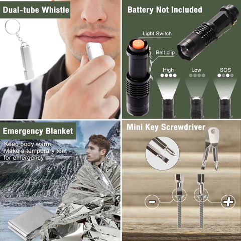 20 In 1 Adventure Survival Kit featuring dual-tube whistle, flashlight, emergency blanket, mini key screwdriver for camping and hiking