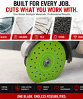 4-1/2 Inch Tile Cutter Diamond Saw Blade Ultra Thin Kerf 0.05 Inch For Dry And Wet Cutting Grinding And Chamfering Porcelain Ceramic Glass Marble On Any Angle Grinder Set Of 3 showing green blade for glass, ceramic, tile, stone, marble