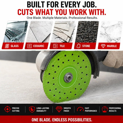 4-1/2 Inch Tile Cutter Diamond Saw Blade Ultra Thin Kerf 0.05 Inch For Dry And Wet Cutting Grinding And Chamfering Porcelain Ceramic Glass Marble On Any Angle Grinder Set Of 3 showing green blade for glass, ceramic, tile, stone, marble