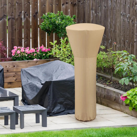 Patio Heater Cover With Zipper And Storage Bag For Outdoor Propane Heaters, Waterproof And Dustproof, shown on a patio.