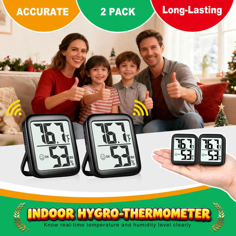 2 Pack Indoor Thermometer And Hygrometer With Real Time Temperature And Humidity Readings, Dual Sensors For More Accurate Monitoring, Wide Range From -58 To 158 F Or -50 To 70 C, 10% To 99% RH For Home And Office; two black units displayed