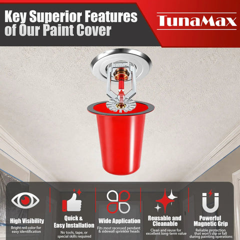 Paint Proof Magnetic Fire Sprinkler Head Covers 10 Pack Reusable Overspray Shields For Contractor Renovation And Interior Painting Jobsites In Bold Red showing bright red cover over sprinkler head.