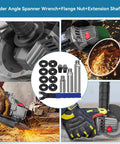 Versatile Angle Grinder Attachments Kit With 3, 4 And 5.5 Inch Extension Rods 14 Piece Set Featuring 5/8-11 Thread Includes Grinder Wrench 8 Flange Nuts Anti Slip Gloves For Standard American Grinders, shown in use with sparks.
