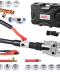Hydraulic Crimping Tool With 65 MPa Auto Pressure Relief, One Half To One Inch Dies For Copper Pipes And F877 PEX Sleeves, Three Eighths To One Inch Dies For ASTM F1807 PEX Rings, Lightweight Yet Rugged Aluminum Construction, Leak Proof System For Pro in case with dies