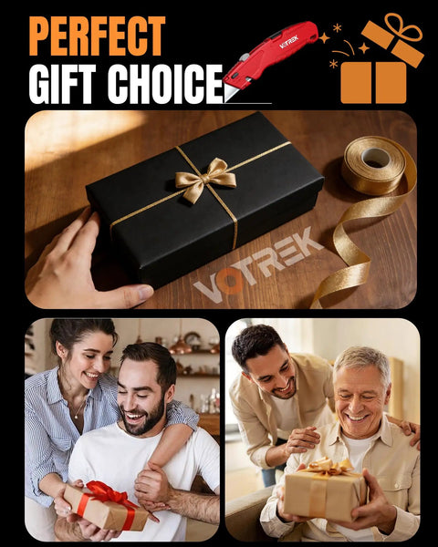 Box Cutter Retractable Metal Utility Knife Set With Built In Storage shown as a perfect gift choice with wrapped presents.