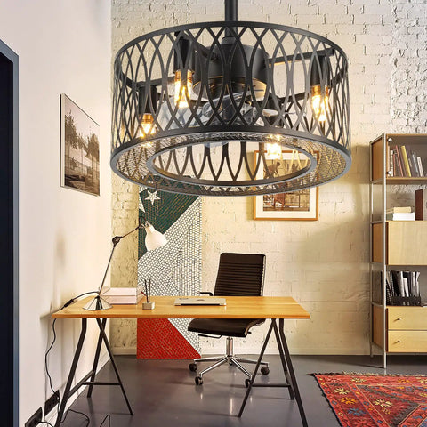 Industrial Black 18-Inch Caged Ceiling Fan With Lights Remote Control in office setting, retro farmhouse vibe, flush mount