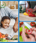 Romooa 10-piece finger guard set for kitchen cutting; stainless steel guard and fabric finger protectors in collage