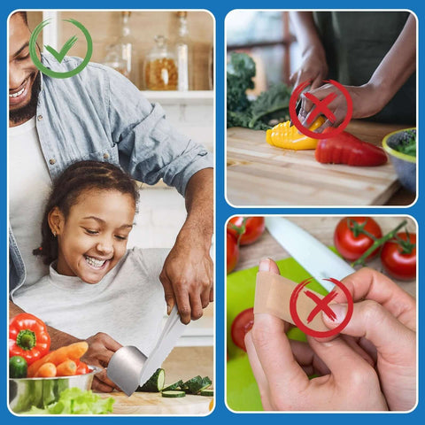 Romooa 10-piece finger guard set for kitchen cutting; stainless steel guard and fabric finger protectors in collage