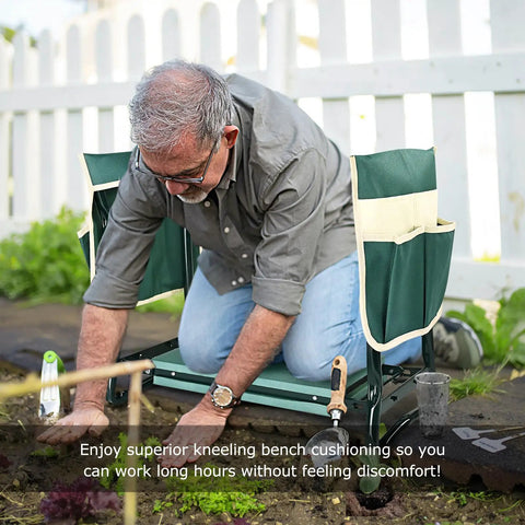 Man using Upgraded Garden Kneeler And Seat With Thickened And Widened Soft Kneeling Pad, folding gardener stool in yard