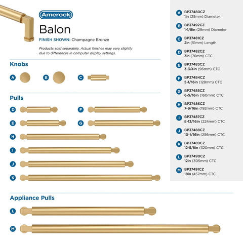Balon Champagne Bronze cabinet hardware collection chart with knobs, pulls, and appliance pulls, including Balon Champagne Bronze Cabinet Pull, 5-9/16 Inch Overall Length, 5-1/16 Inch Center-to-Center Mounting.