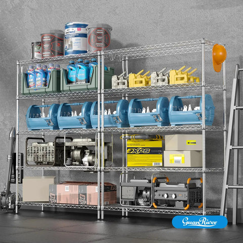 Heavy Duty 5 Shelf Chrome Wire Shelving Unit With 48 Inch Long Shelves, 18 Inch Wide, 72 Inch Tall, Adjustable Height, Easy Assembly, Includes Clips And Hooks, Perfect Garage, Pantry, Or Utility Room Storage System, loaded with tools