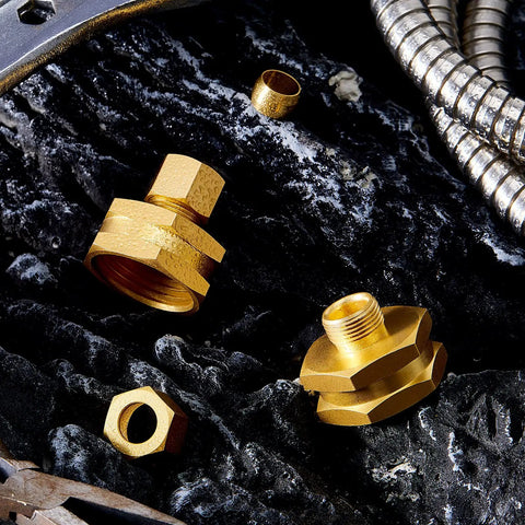 Two Pack Heavy Duty Brass Garden Hose Adapters Set Three Eighths To Three Quarters Of An Inch Female To Female Swivel Compression For Outdoor Watering Car Washing And Garden Irrigation. Brass fittings on dark stone