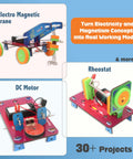 30in1 Electricity and Magnetism STEM Kit for Kids Ages 8 9 10 11 12 13 14 Hands On Science Toys With 30 Plus Projects Real World Applications Kid Approved Perfect Educational Birthday Gift. Includes electromagnetic crane, DC motor, and rheostat projects.