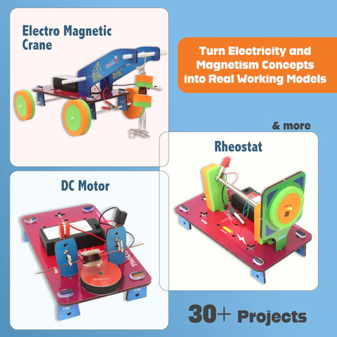 30in1 Electricity and Magnetism STEM Kit for Kids Ages 8 9 10 11 12 13 14 Hands On Science Toys With 30 Plus Projects Real World Applications Kid Approved Perfect Educational Birthday Gift. Includes electromagnetic crane, DC motor, and rheostat projects.
