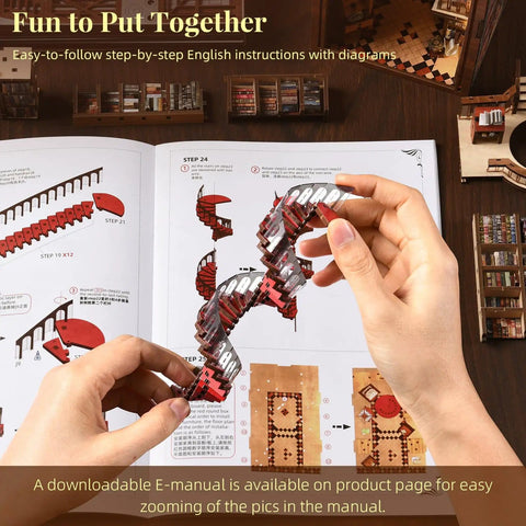 Hands assembling DIY Miniature Book Nook Kit With 3D Wooden Puzzle, LED Light Bookend Insert For Bookshelf Decor