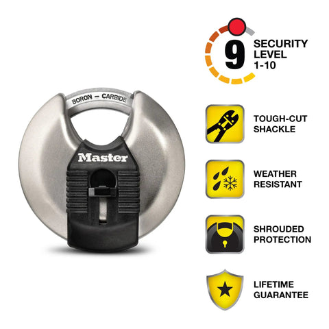 Beefed Up Stainless Steel Discus Lock With Tough Cut Boron Carbide Shackle featuring security level icons