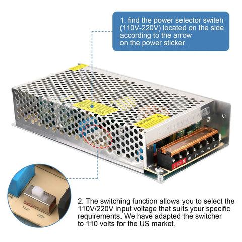 Beefy 5V 30A 150W DC Switching Power Supply For LED Driver With 110V 220V Input Selectable Voltage And Heavy Duty Durable Performance For LED Strips Signs And DIY Projects, metal enclosure