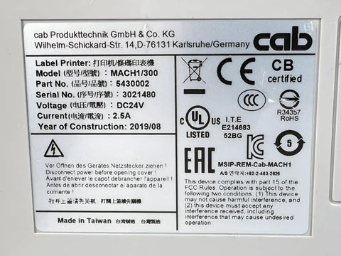 Label details on MACH1 300 Thermal Transfer Label Printer 300 DPI USB Ethernet Serial And AC Adapter model