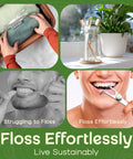 Image collage showing a stainless steel dental floss holder, flossing with holder, and a glass jar with reusable floss pick.