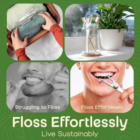 Image collage showing a stainless steel dental floss holder, flossing with holder, and a glass jar with reusable floss pick.
