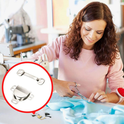 Woman sewing fabric with scissors, focused on Super Tough Stainless Steel Hook And Eye Closures For Pants Skirts And Dresses Nickel Sewing Notions.