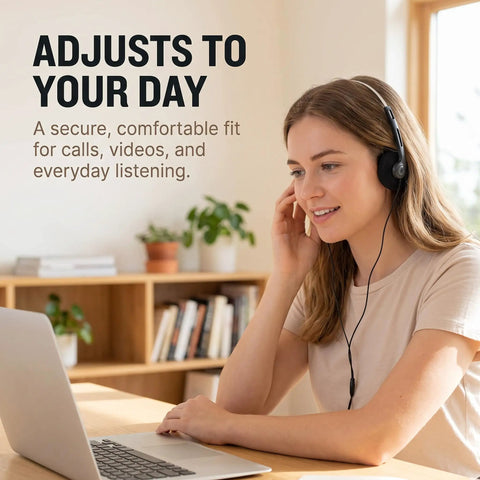 Woman using Retro On Ear Wired Headphones Two Pack Featuring Lightweight Portable Comfort And Smooth Adjustable Headband.