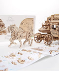 Stagecoach 3D Mechanical Model Kit, Wooden Brain Teaser And Puzzle For Adults And Teens, Wild West Carriage Build, Dope Detailed Wooden Puzzle For DIY Fun, Challenge And Display, assembled wooden stagecoach with horses and instruction sheet