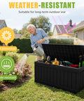 Man using 82 Gallon Outdoor Storage Box With Lid for Patio to store garden tools in black, UV resistant design and lockable feature.