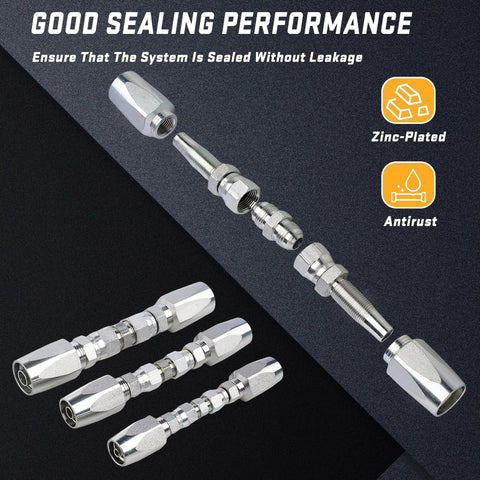 Front view of zinc-plated steel hydraulic hose repair fittings kit with 1/4, 3/8, 1/2 in inner diameters.