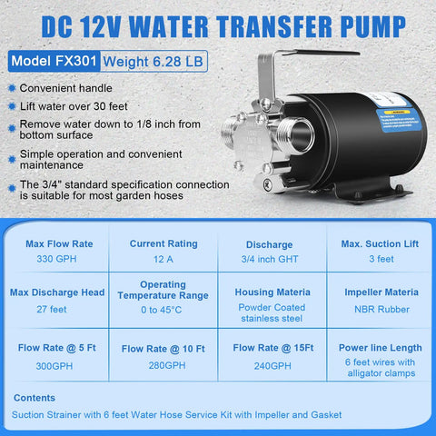 12V Water Transfer Pump 330 GPH Electric Utility Pump With Three Quarter Inch Ports Suction Hose And Spare Parts Great For Home DIY Farm RV Boat And Workshop
