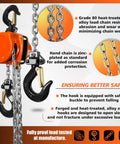 Portable Mini Manual Chain Hoist Quarter Ton 550 Lbs Capacity, 10 Ft Lift, 10.2 Inch Headroom with safety features highlighted.