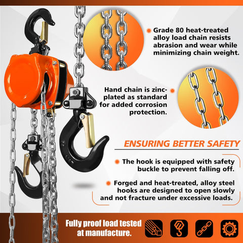 Portable Mini Manual Chain Hoist Quarter Ton 550 Lbs Capacity, 10 Ft Lift, 10.2 Inch Headroom with safety features highlighted.