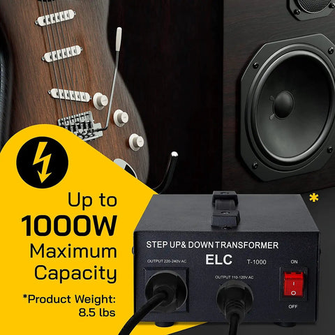 Rugged 1000W Voltage Converter Transformer For 110V To 220V And 220V To 110V Step Up Down With Dual Circuit Breakers, guitar and speaker