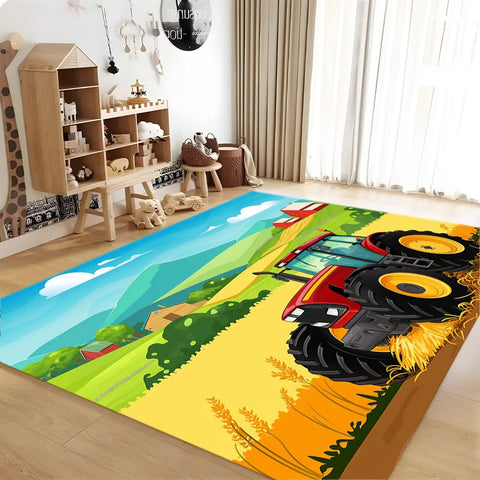 6x9 Ft Cartoon Tractor Farm Rug That Is Machine Washable And Non Slip Low Pile Stain Resistant Area Rug For Living Room Bedroom Nursery Or Office Decor Kid Friendly Vacuum Friendly Easy Cleaning with vibrant tractor design in a child's room