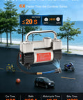 6X Faster Inflation Double Cylinder Tire Inflator with Portable Bag Heavy Duty 12V Air Compressor Pump Up To 150 PSI displayed outdoors