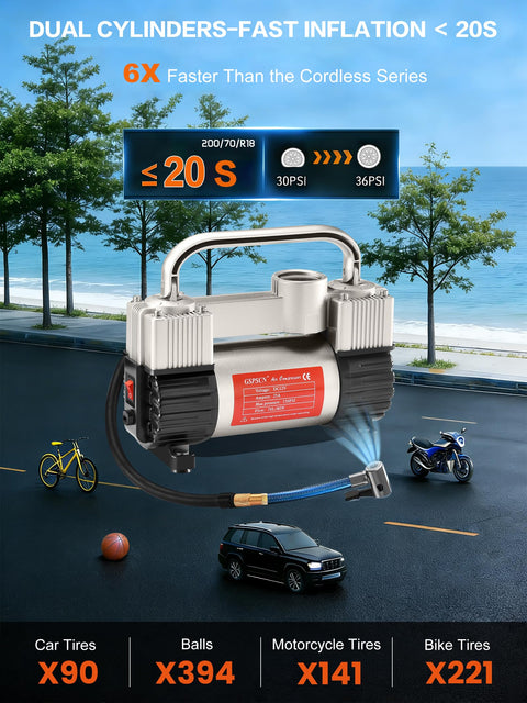 6X Faster Inflation Double Cylinder Tire Inflator with Portable Bag Heavy Duty 12V Air Compressor Pump Up To 150 PSI displayed outdoors