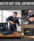 All In One 247 Piece Home Tool Set With Toolbox For DIY Projects And Home Repairs, shown in use and in closed toolbox.