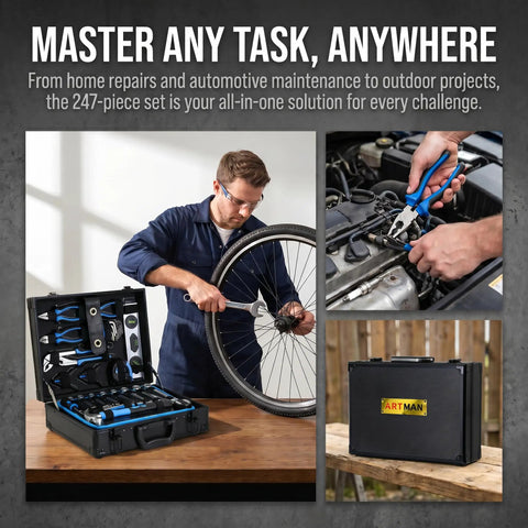 All In One 247 Piece Home Tool Set With Toolbox For DIY Projects And Home Repairs, shown in use and in closed toolbox.