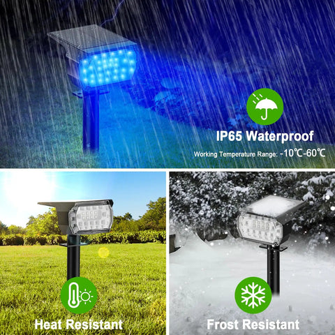 Outdoor Solar Color Changing Spot Lights Four Pack With Seven Modes Including Six Fixed Colors And Auto Change in rain, sun, frost.