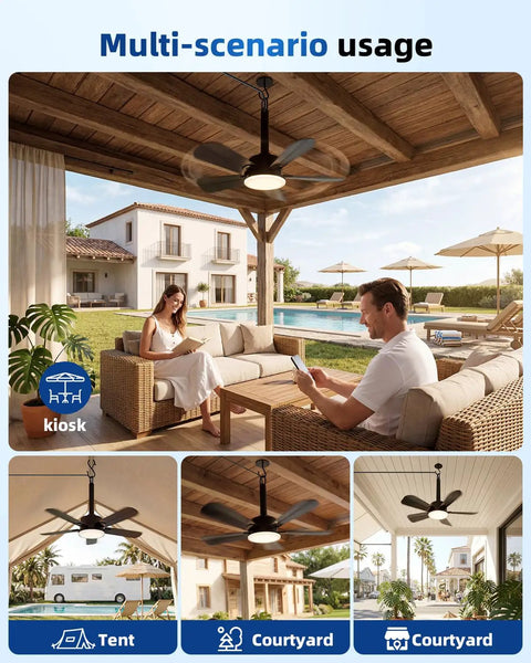 NWOP 20 Inch Outdoor Ceiling Fan with Light, 5 Blade Remote Patio Fan in a spacious outdoor setting with a cozy seating area.