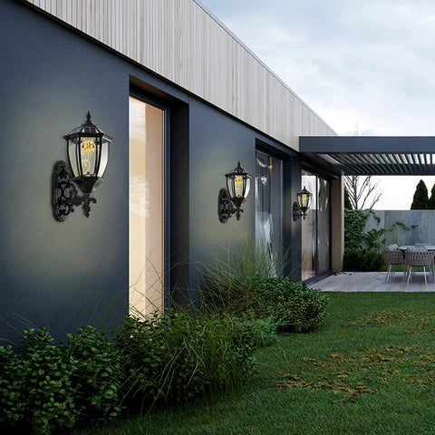 Solar Powered Wall Lamp With Light Sensor Auto On At Night Waterproof Outdoor LED Hexagonal Sconce For Porch Yard Garden Garage Fence Black No Fuss Easy Install Weatherproof Durable Illumination